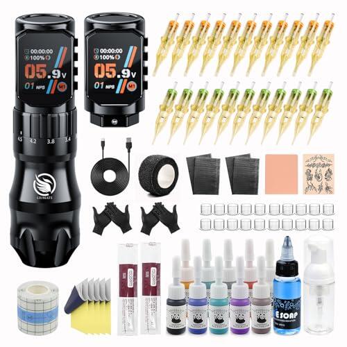 Maquillaje completo Kit Inalámbrica con 2pcs baterías de 2200mah, Pantalla OLED, 7 velocidades, Juego de máquina inalámbrica con 20 Agujas 10 Tintas para principiantes y artistas LIUMATE