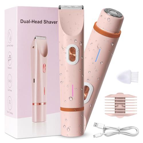 Afeitadora 2 en 1 para mujer, afeitadora íntima para mujeres con IPX7 impermeable, uso en húmedo y seco, afeitadora eléctrica recargable para mujer para axila, pierna, brazo, cuerpo, cara