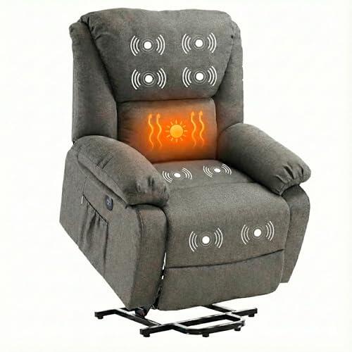 ECODE Sillón Relax Eléctrico Levantapersonas de Tela con Reclinación Automática, Masaje Vibración y Calor Lumbar con 2 Puertos USB para Personas Mayores