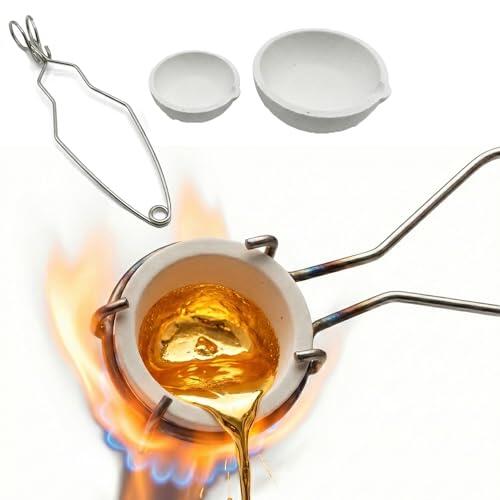 quancifang Kit Horno de Fusión: Crisol Premium de Cuarzo Fundido 1537°C (100g+250g) con Tenazas, Paredes Cónicas y Pico Vertedor. Ideal para Fundir Oro y Plata