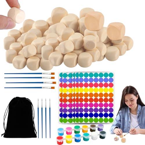 HUILLIGHT Set DIY de Dados de Madera para Manualidades - 80 Dados en Blanco, 6 Hojas de Pegatinas de Colores, 2 Paletas de Pintura y 8 Pinceles para Personalizar