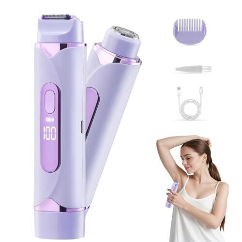 Afeitadora Electrica Mujer, YiYunTE 2 en 1 Doble Cabeza Depiladora Facial Mujer, Húmedo y Seco Recortadora Corporal con Pantalla LED, Rasuradora Mujer Maquinilla Afeitar para Intima Pubis Morado