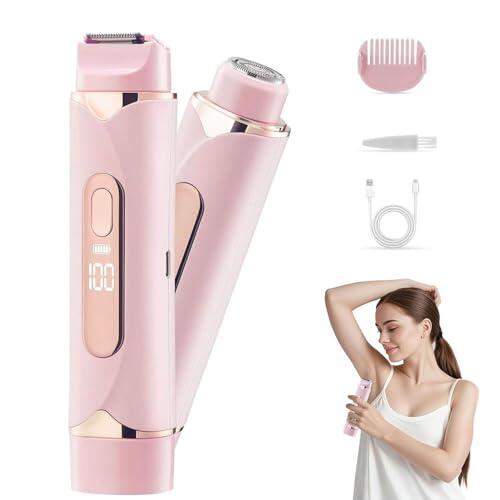 Afeitadora Electrica Mujer, YiYunTE 2 en 1 Doble Cabeza Depiladora Facial Mujer, Húmedo y Seco Recortadora Corporal con Pantalla LED, Rasuradora Mujer Maquinilla Afeitar para Intima Pubis Bikini Rosa