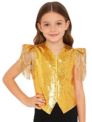 TiaoBug Chaleco De Lentejuelas Con Flecos Para Niñas Top De Discoteca Con Cremallera Disfraz De Fiesta Discoteca Actuación Dorado 15-16 años
