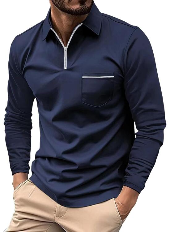 T-Shirt Manga Larga Hombre Color Liso 1/4 Cremallera Cuello De Solapa - Moda Hombre Primavera Suave, Camiseta Trabajo con Bolsillo Classic Basicas, Adecuados para Primavera Y Otoño