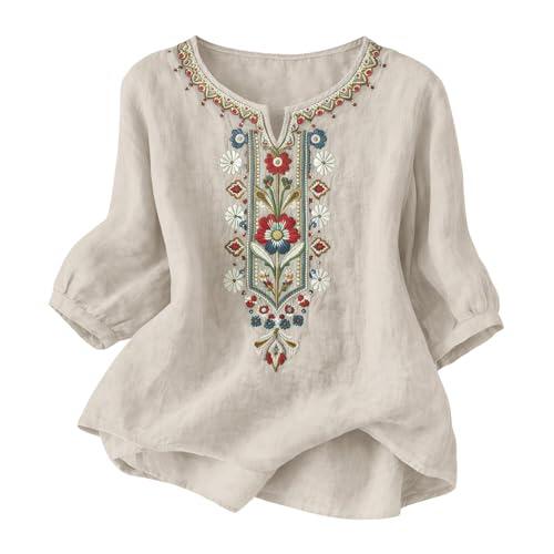 riou Camisas Mujer Manga 3/4 Algodón y Lino Primavera Cuello en V Casual T-Shirt Vintage Bordado Camiseta de Mujer Moda Casual Elegante Suelto Fiesta Tops T-Shirt Original Oficina Negocios