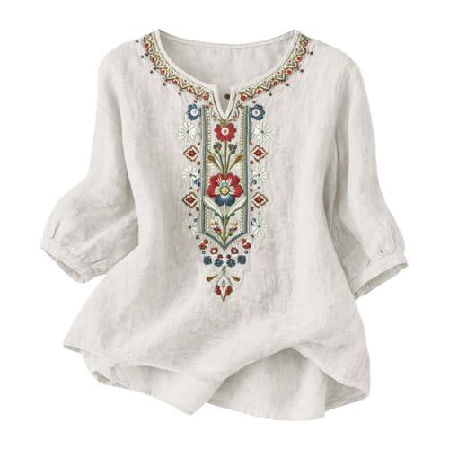 riou Camisas Mujer Manga 3/4 Algodón y Lino Primavera Cuello en V Casual T-Shirt Vintage Bordado Camiseta de Mujer Moda Casual Elegante Suelto Fiesta Tops T-Shirt Original Oficina Negocios