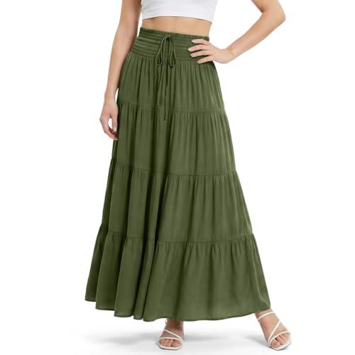 Alaoo Faldas Largo para Mujer, 2 en 1 Cintura Elástica Alta Falda Larga Bohemia con cordón,Maxi Falda Largos Línea A para Vacaciones Playa Casual Talla única,Verde Militar