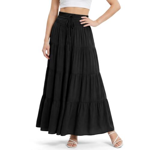 Alaoo Faldas Largo para Mujer, 2 en 1 Cintura Elástica Alta Falda Larga Bohemia con cordón,Maxi Falda Largos Línea A para Vacaciones Playa Casual Talla única,Negro