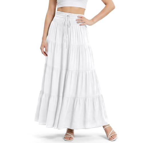 Alaoo Faldas Largo para Mujer, 2 en 1 Cintura Elástica Alta Falda Larga Bohemia con cordón,Maxi Falda Largos Línea A para Vacaciones Playa Casual Talla única,Blanco