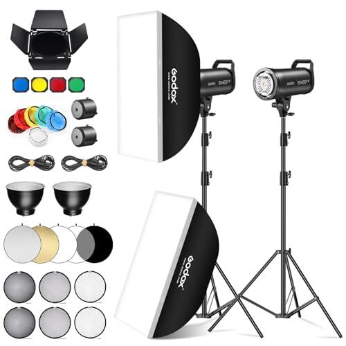 Godox 2Pack SK400IIIV 400Ws Kit Luz LED Vídeo 5700±200K Set Luz Continua con Trípode Softbox con Rejilla Reflector Estándar Bowens Mount para Estudio Grabación Vídeo Livestreaming Podcast (2 Unidades)