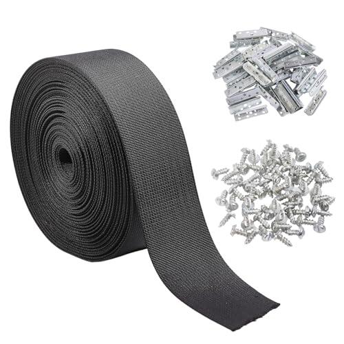 FREEBLOSS Correas elásticas para muebles de 50 pies, kit de repuesto de correas de tapicería negras de 1.97 pulgadas con 50 extremos de metal y 50 clavos para reparación de sofá, silla, patio