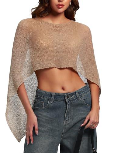 HAWILAND Poncho de punto para mujer, sexy, transparente, de malla, elegante, para vestidos de noche, festival, rave, fiesta, albaricoque, S