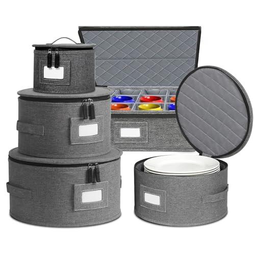 CISSIYOG Juego de 5 recipientes de almacenamiento de platos de fieltro, juego de recipientes de almacenamiento de vajilla con divisor para platos, tazones, vasos, vasos, vasos de porcelana, contenedor