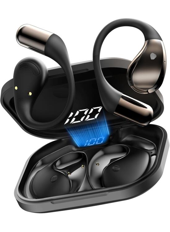 Auriculares inalambricos Deportivos, Bluetooth V6.0 lnalámbricos Cascos Hi-Fi Estéreo, Llamada ENC HD, 40H Auriculares con Gancho, IP7 Impermeable Auriculare Oreja Abierta para Sport/Running, Negro