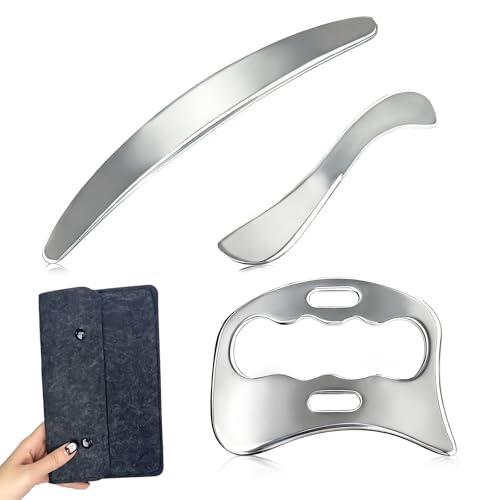 3 en 1 Gua Sha Acero Inoxidable, Guasha Facial Body Herramienta de Masaje Raspado Masajeador de Drenaje Linfático con Bolsa de Almacenamiento de Fieltro para Piernas, Espalda, Cara, Cuello