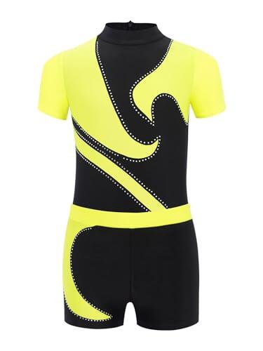 Nyeemya Traje de Gimnasia Deportiva para Niños Maillot de Danza Ballet de Manga Corta con Leggings Body de Lucha Libre Mono de Baile Deporte Amarillo fluorescente 7-8 años
