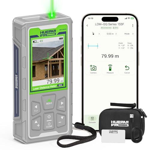 Huepar Pro Medidor láser digital de 80 m para exteriores, con cámara, Bluetooth, tecnología P2P, medición de área, volumen, Pitágoras, ángulo, nivel electrónico, carga tipo C