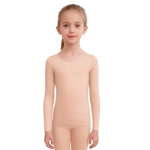 Sywiyi Camiseta interior térmica de manga larga para niña, camiseta de capa base, parte superior Nathlos Tops, ropa interior térmica para ballet, gimnasia, patinaje sobre hielo, color carne, 140-164