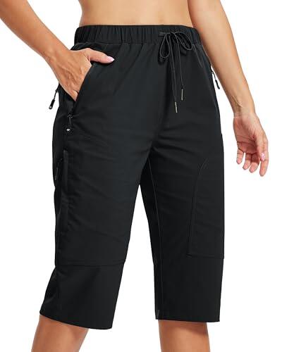 MoFiz Pantalones Cortos de Trekking Mujer Bermudas Secado Rápido 3/4 Pantalones de Senderismo Acampada Marcha Safari Deporte Shorts 5 Bolsillos Negro EU XL