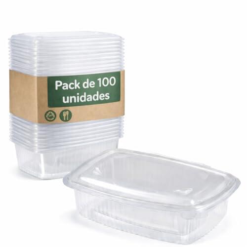 Envases comida para llevar 500ml, pack de 100 unidades, tapa transparente, recipientes plástico PP desechables para hostelería, restauración y delivery, comida caliente y fría, apto para microondas