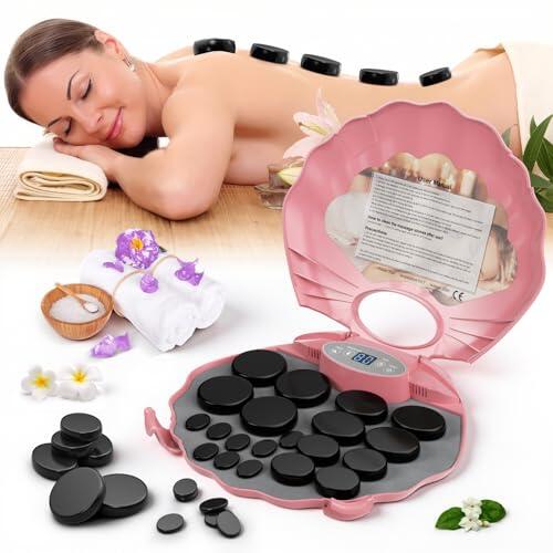 Kit de masaje de piedra caliente, juego de piedras de masaje basalto con caja térmica portátil, calor terapéutico de 3 niveles con temporizador para uso doméstico, terapia de masaje, spa, relajación