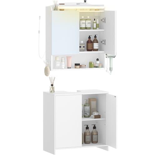 Hzuaneri Juego de Muebles de Baño, Mueble Bajo para Lavabo, Mueble con Espejo de 60 cm con Iluminación LED, para Baño, Aseo y Lavadero, Blanco BC10003XEU