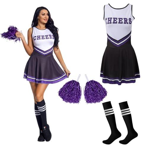 MUNSKT Disfraz de animadora con pompones, disfraz de animadora para mujeres y niñas, uniforme de escuela secundaria, disfraz de animadora para adultos (negro, L)