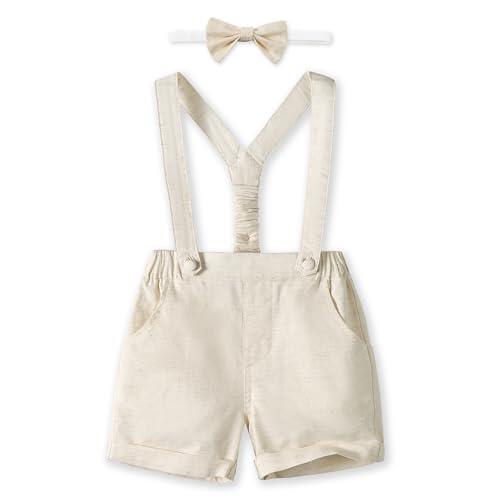 Volunboy Bebé Niño Pantalones Cortos con Tirantes, Verano Lino Shorts con Pajarita 3 Piezas(Beige Pálido,18-24 Meses,Tamaño 90)