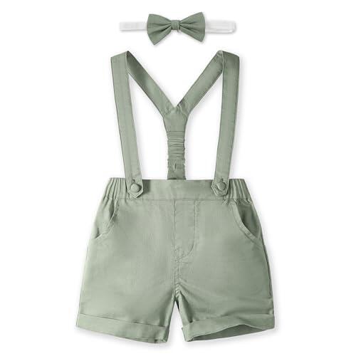 Volunboy Bebé Niño Pantalones Cortos con Tirantes, Verano Lino Shorts con Pajarita 3 Piezas(Verde Salvia,12-18 Meses,Tamaño 80)