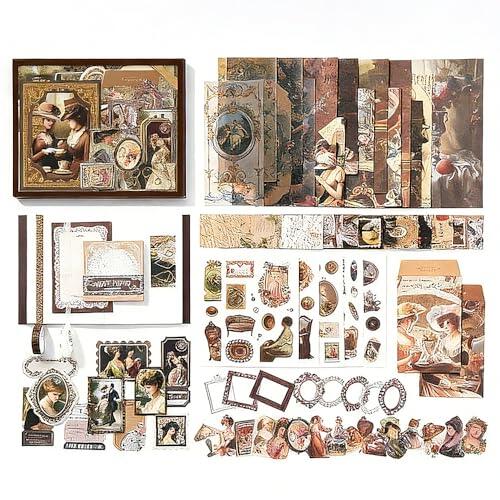 FEIHS 132 Pz Kit de Suministros de Álbumes de Recortes con Temática Marrón, Scrapbooking Kit, Juego de Vintage para Scrapbook, Estéticas Bullet Journal Accesorios para Planner DIY Arts Craft Collage