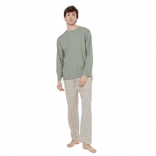 TRAMAS+ Pijama de Hombre Largo,100% Algodón, con Manga Larga y Pantalón Largo, Conjunto de Ropa para Dormir Entretiempo - L, Cuadro Danke Verde Cacería