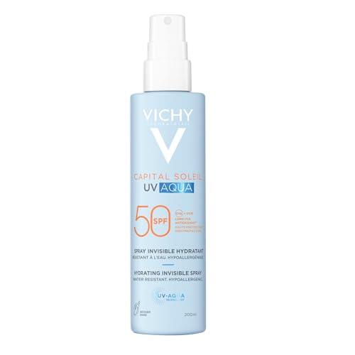 Vichy UV Aqua Spray Hidratante Invisible SPF50, adecuado para pieles sensibles, enriquecido con betacaroteno, vitamina E, 200 ml