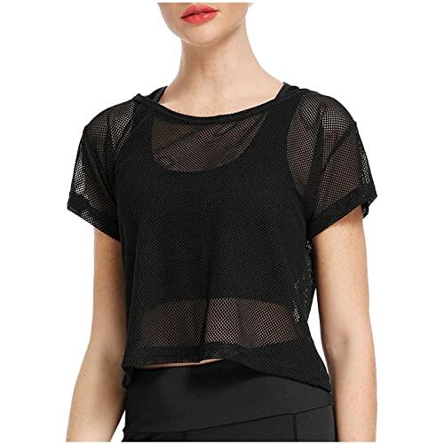 2026 Camisetas de Mujer Cuello Redondo Transparente Malla de Pesca Ultrasuave Manga Corta Color Sólido Crop Top Malla Camiseta, Negro , L