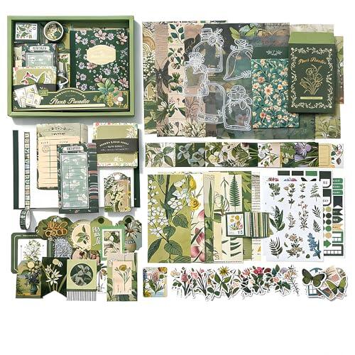 FEIHS 181 Pz Kit de Suministros de Álbumes de Recortes con Temática Verde, Scrapbooking Kit, Juego de Vintage para Scrapbook, Estéticas Bullet Journal Accesorios para Planner DIY Arts Craft Collage