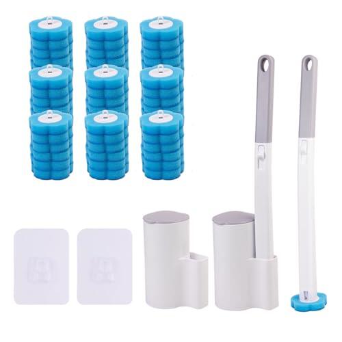 Juego de 2 cepillos de inodoro desechables con montaje en pared, incluye 54 esponjas de repuesto de limpiador, 2 soportes para escobillas, juego de escobillas de inodoro en color azul