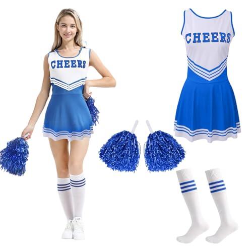 MUNSKT Disfraz de animadora con pompones, disfraz de animadora para mujeres y niñas, uniforme de escuela secundaria, disfraz de animadora para adultos (azul, S)