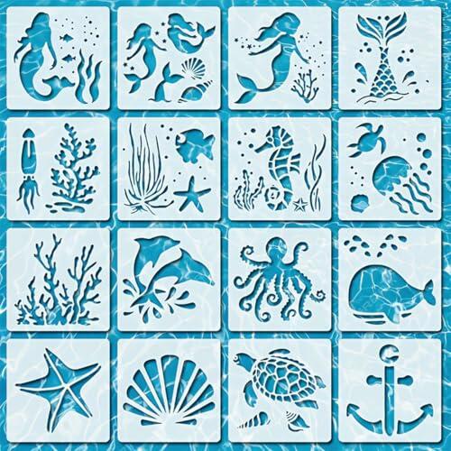 JYXNU 16 Piezas Plantillas de pintura de criaturas marinas, Plantillas de Pintura y Dibujo en Color para Niños Reutilizables, DIY Plástico Plantillas para Scrapbooking, Diario y Álbum de Bricolaje