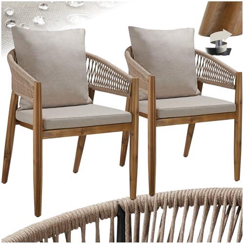 tectake® Silla de Jardín Elegante de Madera Acacia, Respaldo de Cuerda, Sillas Jardin Exterior, Cojines Desmontables, Muebles Terraza Exterior, Silla con Reposabrazos Cómoda - Set de 2 Arena