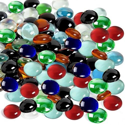 Ezitruz 1600g Piedras de Cristal para Decoracion Acuario, Canicas de Vidrio Colores 17-19 mm, 8 Colores Cuentas de Vidrio Plano para DIY Jarrones Acuarios Macetas Decoración (Aprox. 350 Piezas)