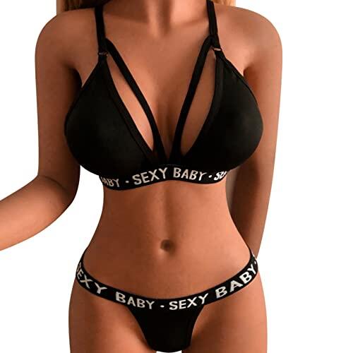Lencería para las mujeres letras impresas Bralette y panty conjunto de 2 piezas conjuntos de lencería, Negro , XL