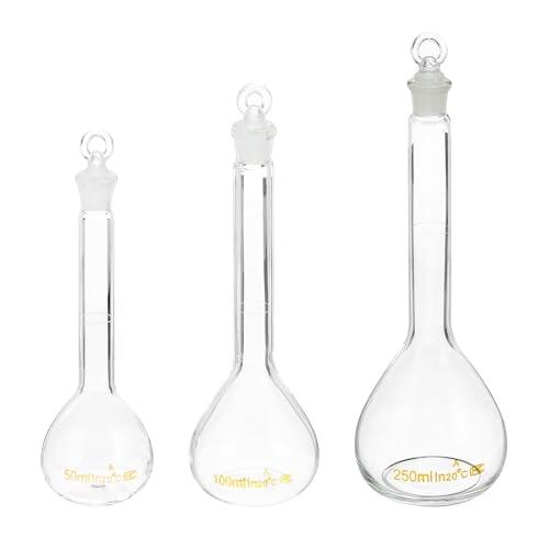 Set de Matraces Aforados de Vidrio Borosilicato 3.3, 50ml 100ml 250ml con Tapón de Vidrio para Laboratorio(50ml 100ml 250ml)