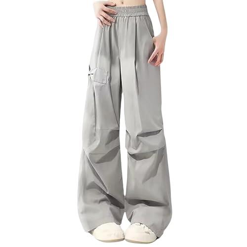 Genérico - Pantalón de carga casual para mujer, cintura alta, con bolsillos con cordón para un estilo de trabajo diario, cómodo y moderno, gris, M
