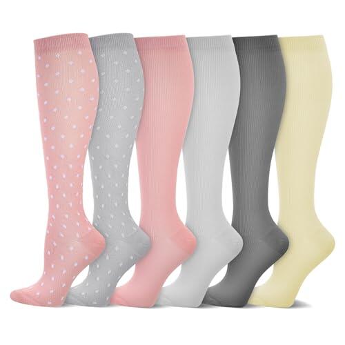 Fentar 6 pares Calcetines Compresion Mujer, 15-20 mmHg Calcetines Compresivos Enfermera de Soporte hasta la Rodilla, Calcetine Compresión para Mujeres de Deporte Ciclismo Running