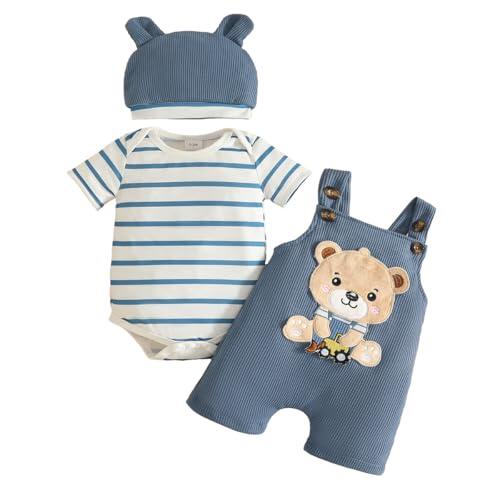JENJON Ropa de Bebé Recién Nacidos Manga Corta Top de Rayas + Mono Pantalones con Tirantes y Dibujos de Animales + Gorro 3 Piezas Verano Conjuntos 3Pcs Oso de rayas azules 0-3 Meses