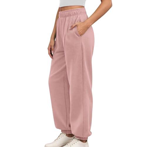 Genérico Pantalones de correr para mujer, cómodos de malla extensible, de cintura alta, con cordón ajustable y bolsillos prácticos para un estilo casual diario, rosa, M