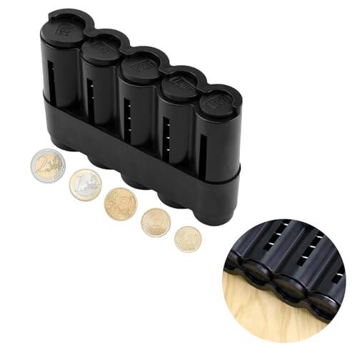 Portamonedas Clasificador Euro,Estuche Organizador de Monedas con 5 Compartimentos,Dispensador de Monedas Portátil de Plástico Negro,Monedero para Taxi,Camareros y Uso Diario