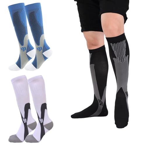KEORHEZ 3 pares de medias de compresión para mujer, medias de compresión con compresión uniforme, medias de compresión médicas para hombres y mujeres, para deportes, viajes, vuelo (L/XL, negro/blanco