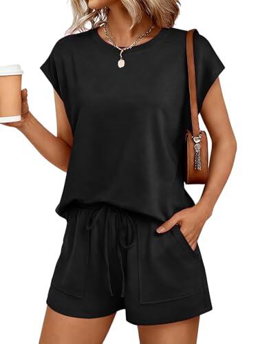 NLAND Conjuntos Chándal Mujer Verano 2 Piezas Casual Cuello Redondo Top Sin Mangas y Pantalones Cortos con Bolsillos y Cordón Ajustable Chandal Completo(Negro,M)