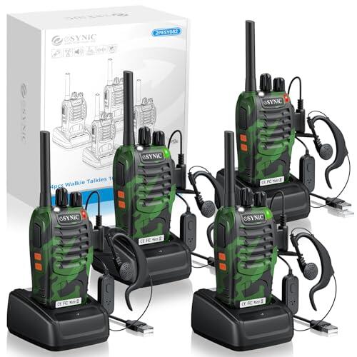 eSynic 4PCS Walkie Talkies de Larga Distancia con Auriculares Walkie-Talkie Profesional 16 Canales 1500mAh con Cargador USB Radio Bidireccional Profesional Soporta VOX para Exterior Camping
